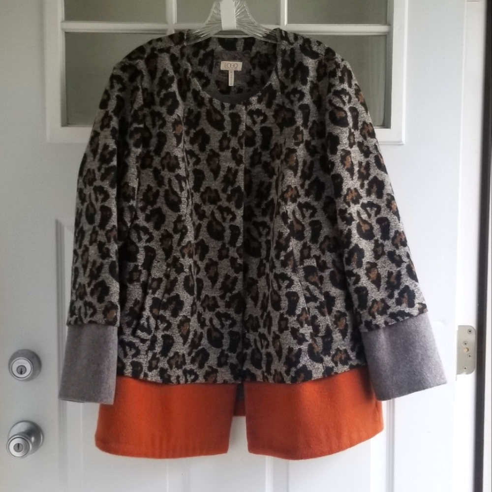 LOGO Lori Goldstein Animal Print Jacquard Swing Coat | Size 16